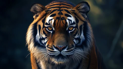 Tiger portrait captures intense gaze in low forest light