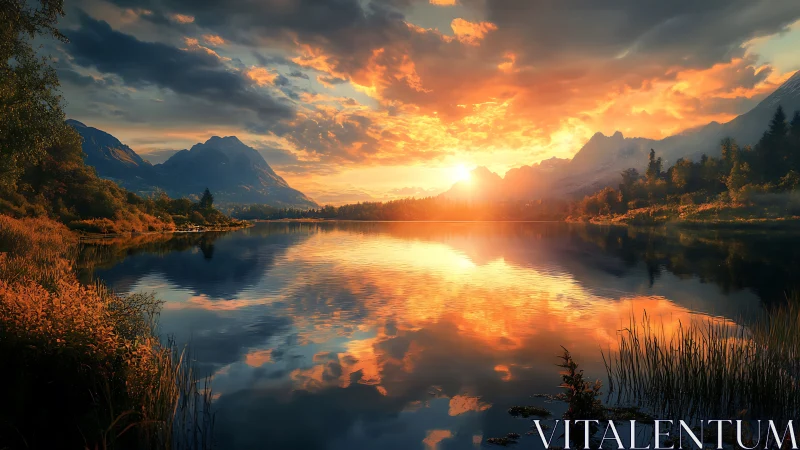 Radiant mountain sunrise mirrored on tranquil alpine lake.