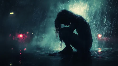 Silhouetted person crouches alone in heavy nighttime rain