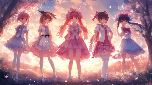 Sunlit friends share a gentle moment beneath cherry blossoms