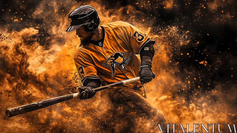 Kinetic baseball batter amid explosive particle dispersion field.