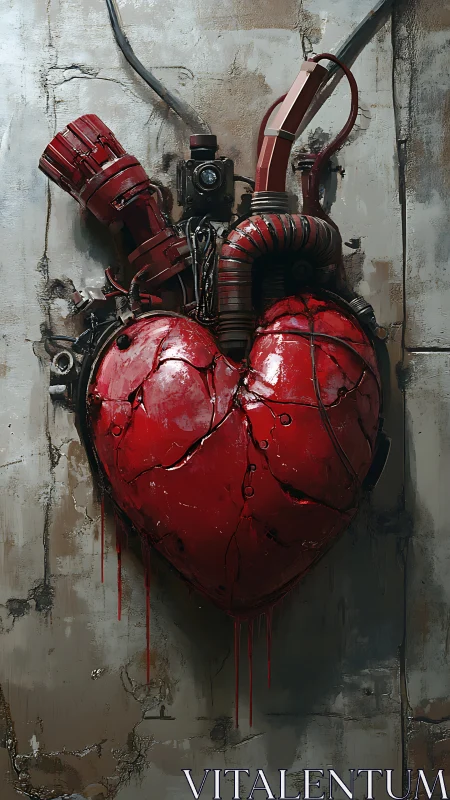 Mechanical red heart hangs against a distressed concrete wall