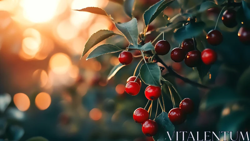 Ripe red cherries on branches in warm golden sunset light.