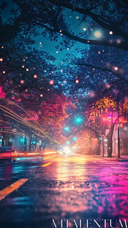 Night street scene records wet asphalt and multicolored lights
