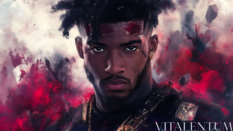 Intense warrior portrait framed by abstract crimson storm.