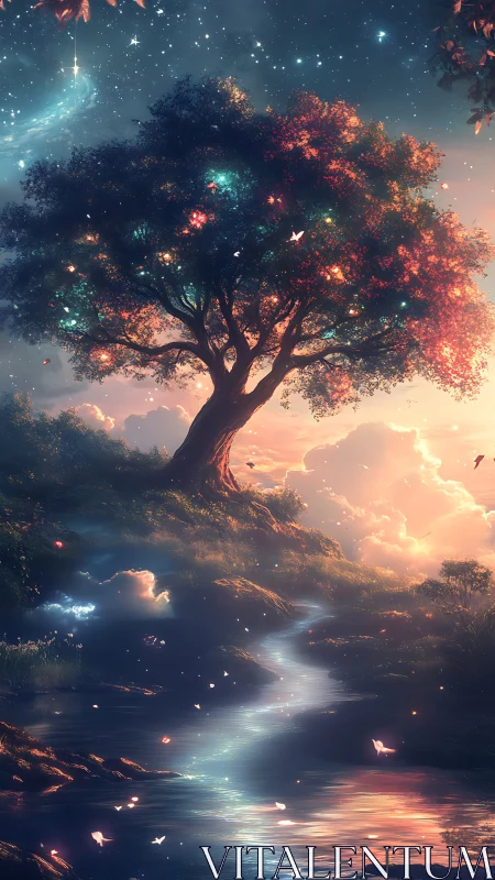 Enchanted starlit tree glows above a shimmering river at dusk