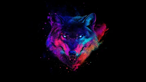 Neon wolf portrait blazes in vivid cosmic splashes of color.
