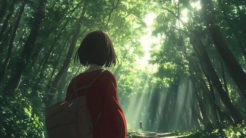 Anime forest journey with backlit path and lone wanderers.