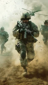 Combat soldiers advance through dusty battlefield under fire.