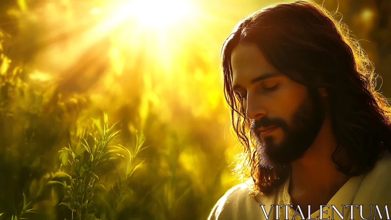 Bearded robed man in golden backlit meadow at sunrise