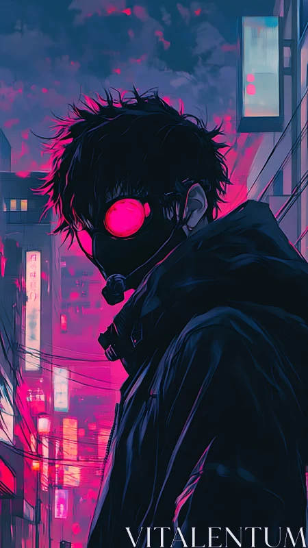 Masked figure with neon goggles stands in glowing city street