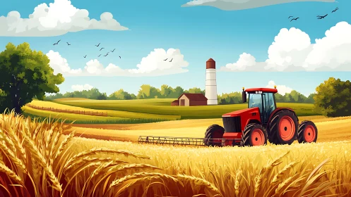 Red agricultural tractor harvesting wheat in sunlit rural valley