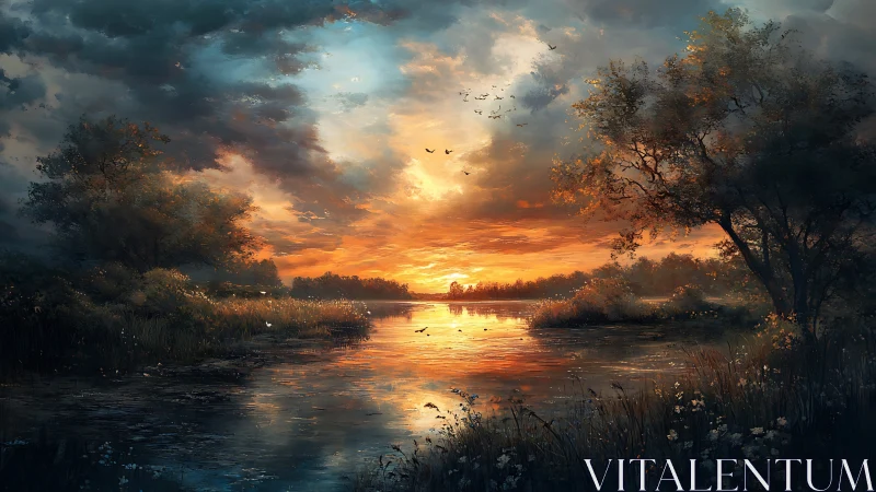 Sunset over reflective river with dense tree silhouettes.