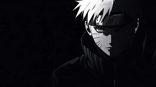 Stoic ninja portrait emerges from stark black background