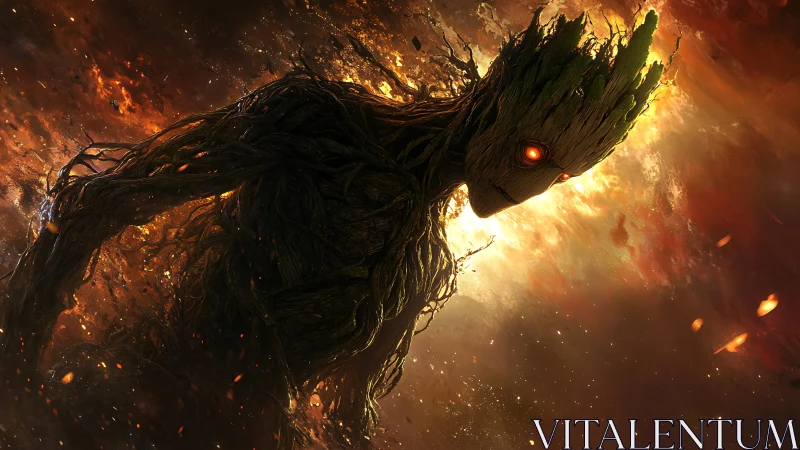 Burning cosmic treant silhouette emerges from molten sky