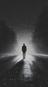 Monochrome silhouette on winter road with backlit snowfall.