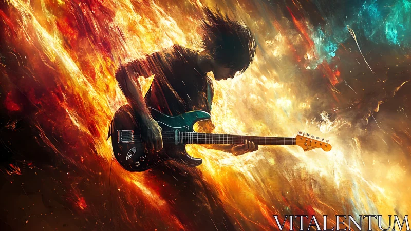 Electric guitarist ignites cosmic storm with searing riffs.