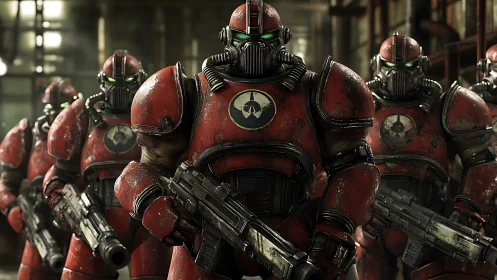 Armored soldiers in red power suits advance in formation