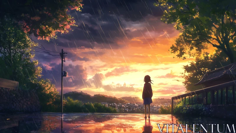 Solitary figure watching rainy sunset over quiet town.