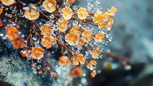 Small orange flowers hold spherical water droplets in focus