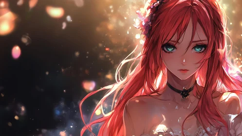 Scarlet haired anime girl glows amid drifting petals at dusk.