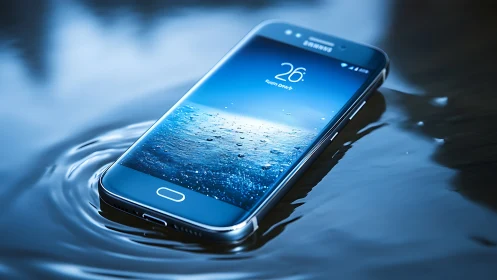 Water resistant smartphone floating on reflective surface.