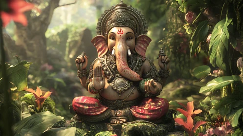 Rendered Ganesha figure seated in dense tropical garden setting