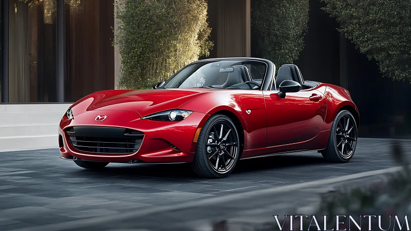 Crimson roadster lounges under soft urban evening glow.