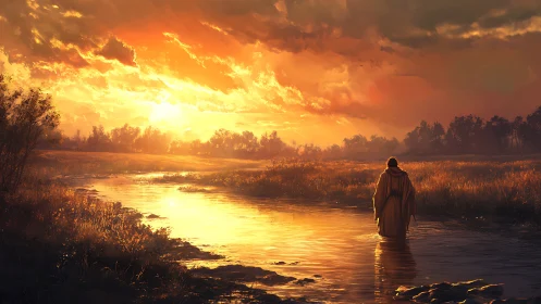 Solitary wanderer wades through a river of molten sunrise light.