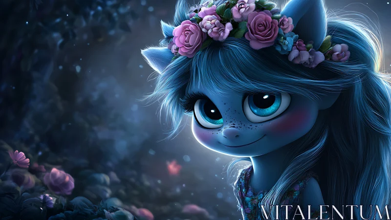 Blue fantasy creature with flower crown in moonlit forest.