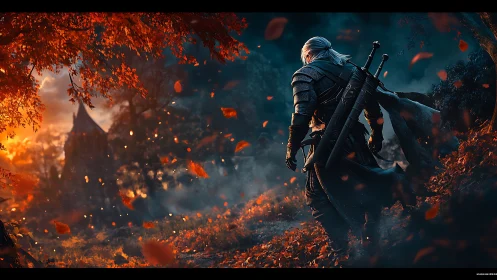 Armored swordsman crossing ember-lit forest path at dusk