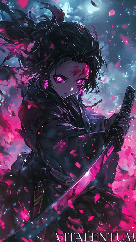 Demon-eyed swordsman channels neon petals in moonlit storm.
