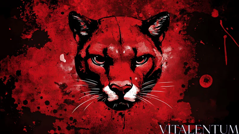 Intense Red Puma Face. Explosive Paint Splatter Art.