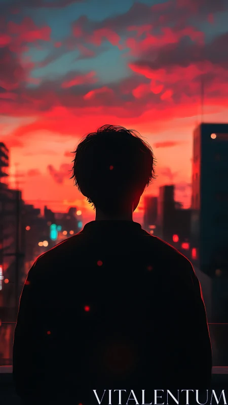 Silhouetted dreamer gazes into neon drenched city sunset skies.