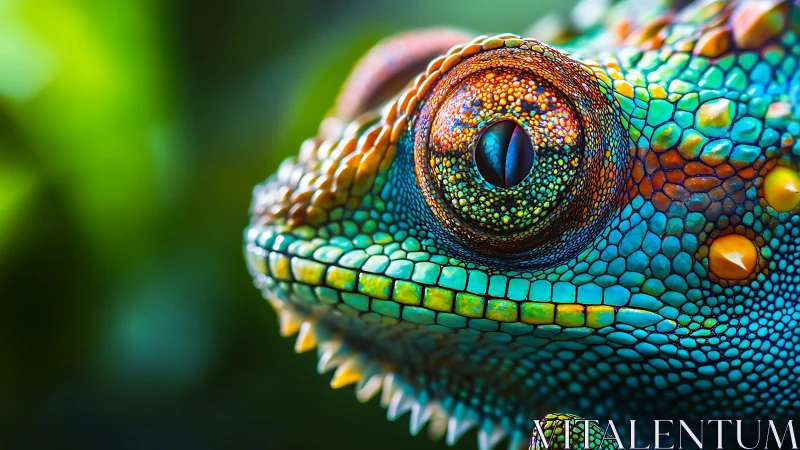 Macro close-up shows detailed texture of colorful chameleon head