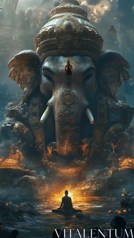 Colossal Ganesh monument above meditating figure in firelit mist.