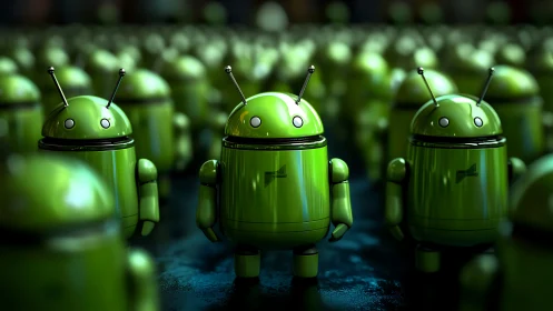 Green android robot crowd rendered in glossy 3D scene.