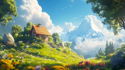 Sunny mountain cottage nestled in a bright wildflower meadow.