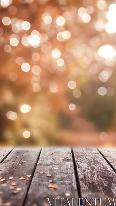 Warm Bokeh Lights Dance Above Weathered Wood Surface.