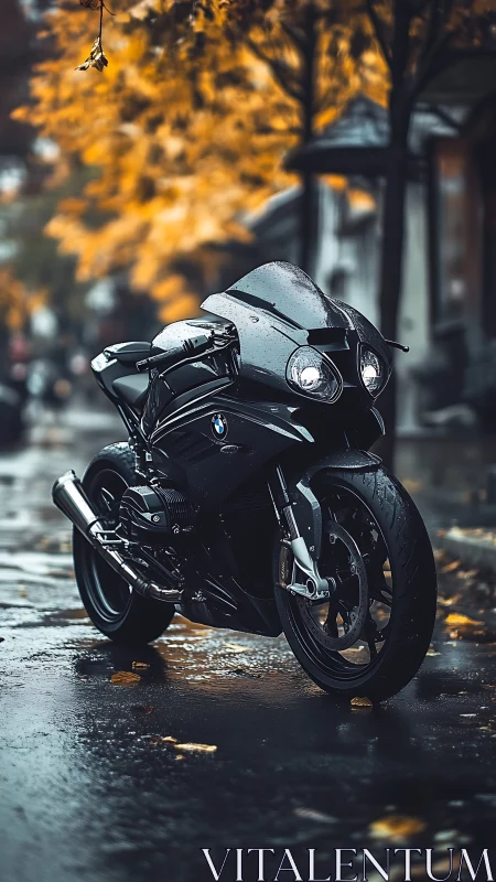 Sport motorcycle stands on wet city street under autumn trees