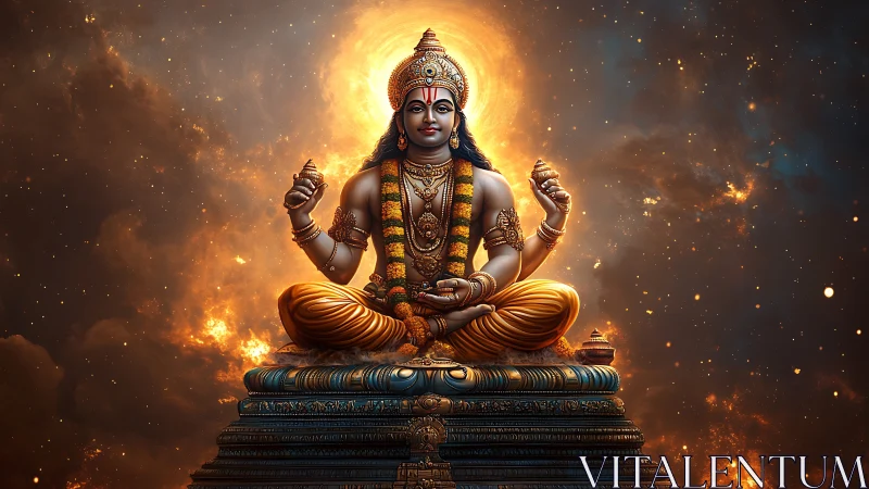 Seated deity figure on ornate pedestal in cosmic backdrop.