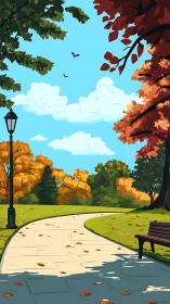 Digital park illustration with curved path and autumn foliage.
