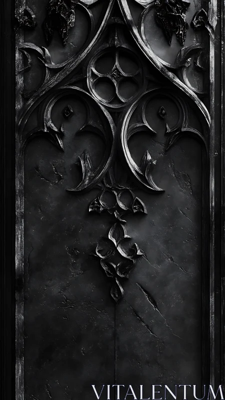 Gothic relief panel shows dark ornamental tracery in high contrast