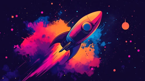 Vibrant neon rocket streaks through a colorful cosmic cloud.
