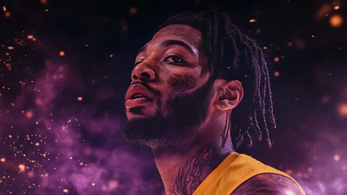 Portrait of basketball player amid neon particle haze glows