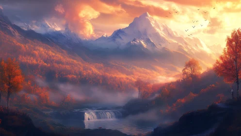 Digital landscape shows autumn valley, waterfall and mountains