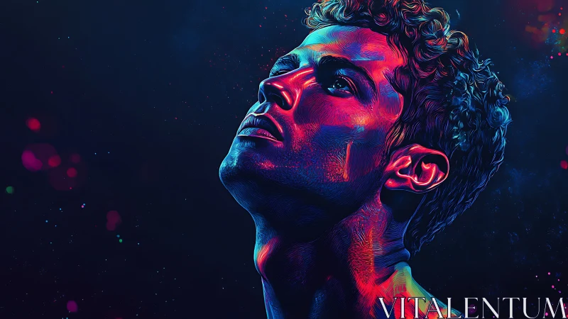 Luminous portrait of a man bathed in electric neon light.