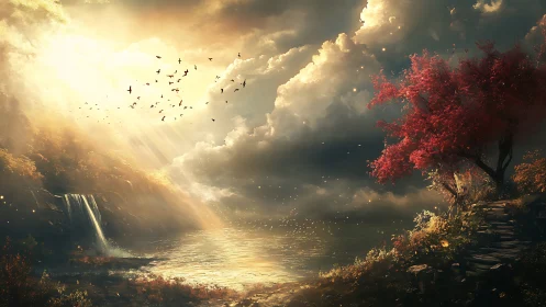 Sunlit waterfall lake beneath storm clouds and red tree.