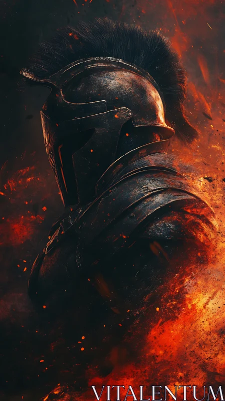 Armored warrior emerges through blazing embers and sparks.