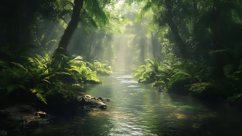 Sunlit Forest Stream Carved Through Dense Tropical Canopy